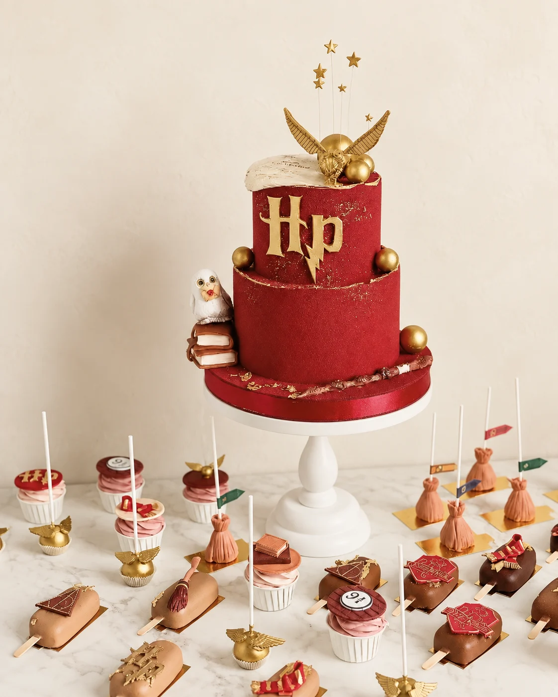 Rote Kindertorte und kleine Desserts auf einem weißen Tisch