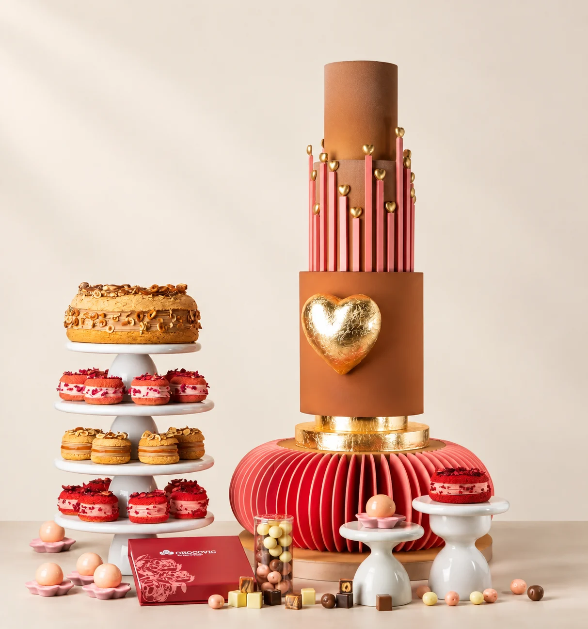 Sweet Table mit hoher Torte und kleinen Desserts vor hellem Hintergrund