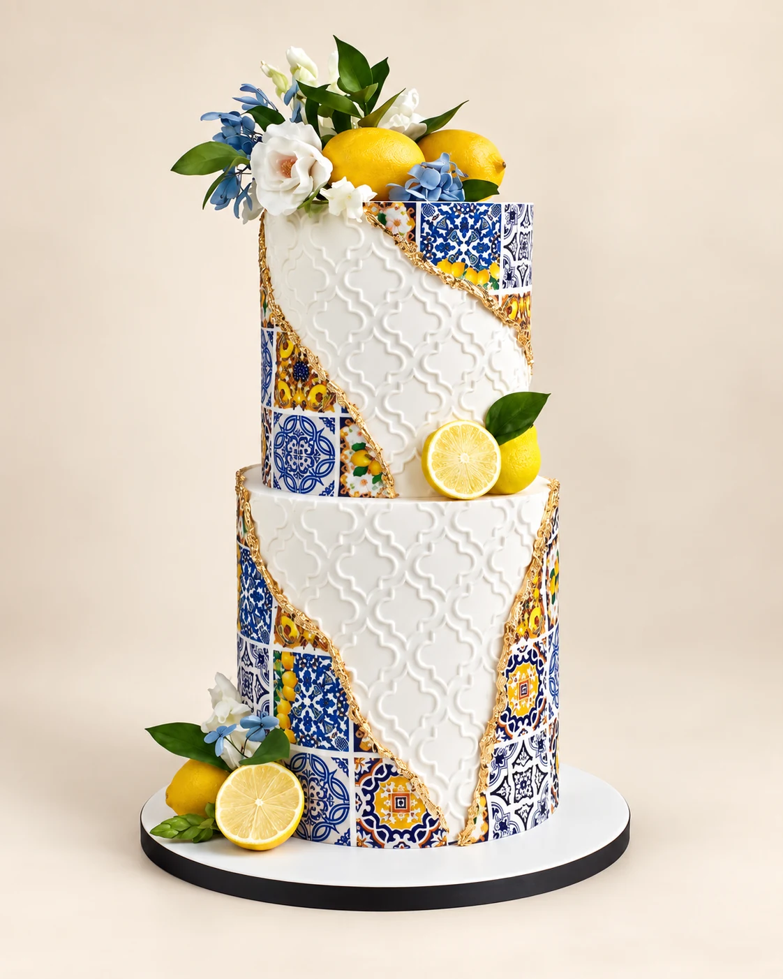 Mehrstöckige Torte mit blauem Muster und Zitronen